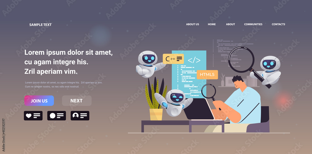 web developer with robots creating program code development of software and programming artificial intelligence