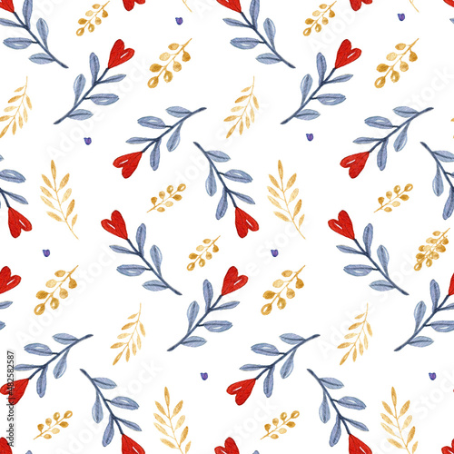 Watercolor pattern with leaves, berries, branches and hearts on white background.Hand painting seamless pattern.