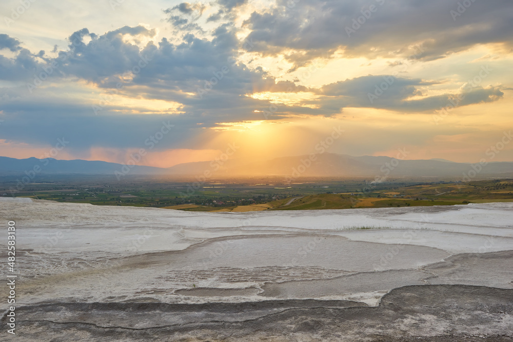 beautiful sunrise and Natural travertine pools and terraces, Pamukkale