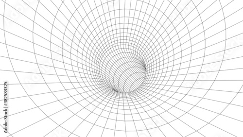 Curved wireframe abstract tunnel. 3D vector wormhole with a mesh structure. Vortex. Vector perspective grid.