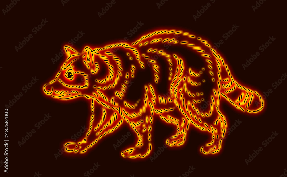 

Funny animals, raccoon. Neon light. Design of advertising banners and sites. Glowing sign.