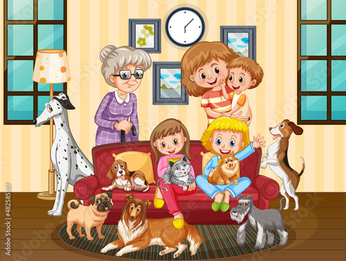 Family members in the living room scene