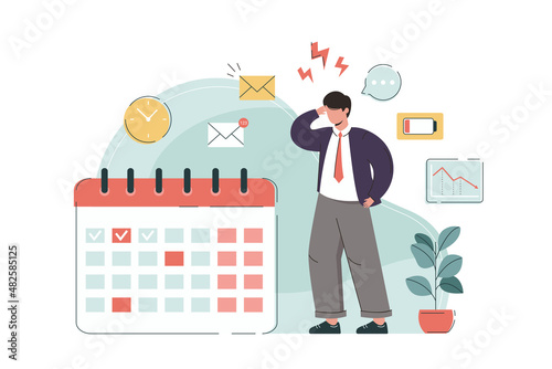 Flat tired employee worker with work problems, burnout and low battery level. Exhausted businessman overwork. Stressful job with deadline, multitasking. Fatigued office man with emotional tension.