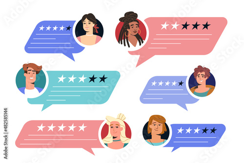 Customer feedback or opinions. Flat clients give online review, rate satisfaction level or service evaluation. Users in speech bubbles with testimonials messages and star rating.