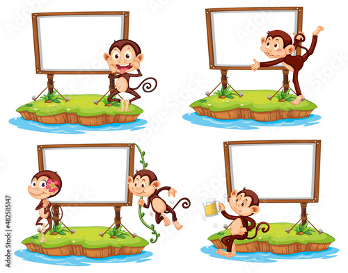 Set of different blank banners with funny monkeys