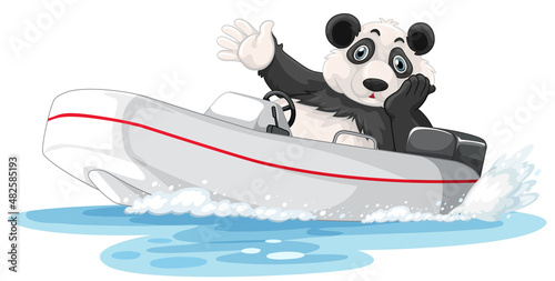 Panda on a motor boat in cartoon style
