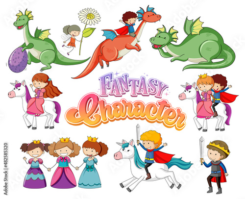 Set of dragons and fairy tale cartoon characters