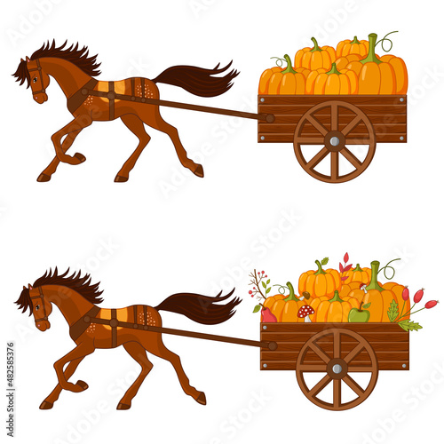 Two carts with pumpkins, fruits, berries and mushrooms and a running horse. Autumn illustration.