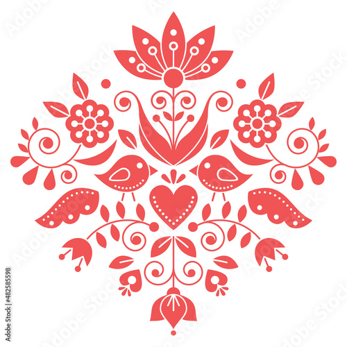 Scandianvian traditional folk art vector design with flowers and birds, inspired by traditional embroidery patterns from Sweden in strawberry red 
