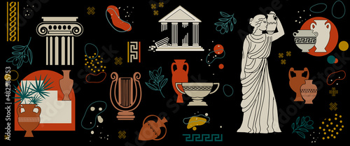 A set of antique ancient Greek statues, jugs, amphorae, vases and column capitals. Vector abstract background with elements of Greek ornament.
