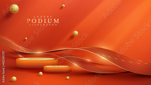 Orange product display podium with golden curve line and 3d ball elements with bokeh decoration and glitter light effect.