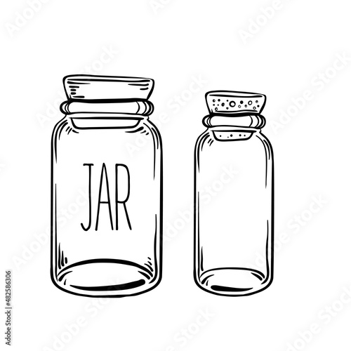 Glass Bottles. Vector illustration.Ink on aged card paper. Kitchen objects doodle style sketch, Black and white drawing isolated on white. Design for coloring book page for adults and kids.
