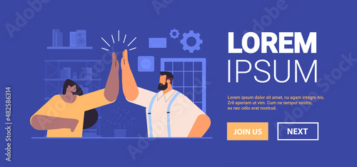 mix race businesspeople giving high five successful teamwork agreement concept portrait
