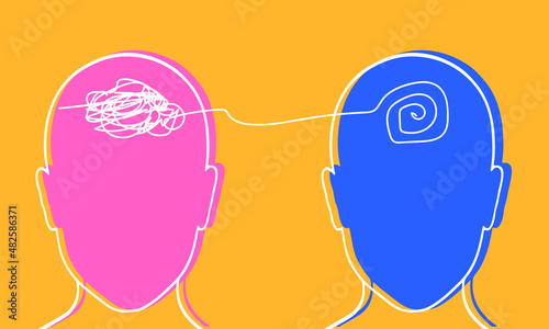 Two people head silhouette psychotherapy concept. Therapist and patient. Vector illustration for psychologist blog or social media post.