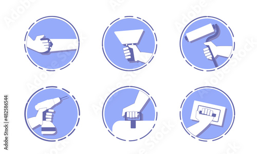 Vector illustration icons of construction and repair works, construction and reconstruction. Hands with construction tools in very peri color