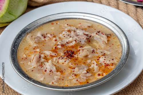 Traditional Turkish Cuisine Paca Soup; Decent trotter soup (Seasoned leg soup ) and offal soup. healthy soup.