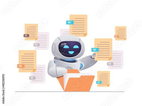 robot sorting documents robotic character organizing folder file management paperwork data archive artificial intelligence