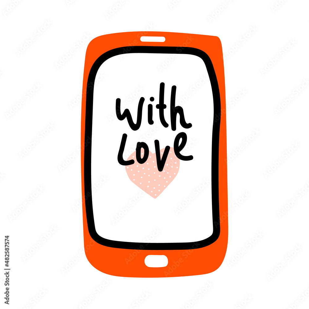Valentines Day doodle icon mobile phone with heart and Lettering With Love. Internet Love decoration. Hand drawn, line art, flat and lettering vector for web, banner, card, sticker