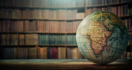 An old globe with Africa on the table against the background of bookcases. Concept on the topic of history, science, culture, education.