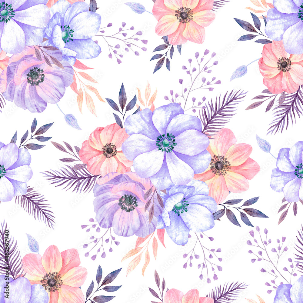 Anemones seamless pattern. Very peri color 2022 trend. Spring flowers pattern on white background Anemones seamless pattern. Very peri color 2022 trend. Spring flowers pattern on white background