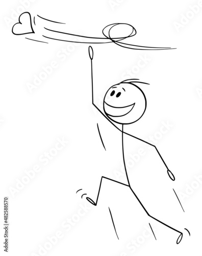 Happy Person Chasing Flying Heart to Get Love , Vector Cartoon Stick Figure Illustration