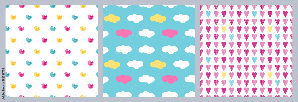 A set of seamless vector children's patterns with birds, hearts and clouds. Cute Colored Flat Patterns for Babies A set of seamless vector children's patterns with birds, hearts and clouds. Cute Colored Flat Patterns for Babies