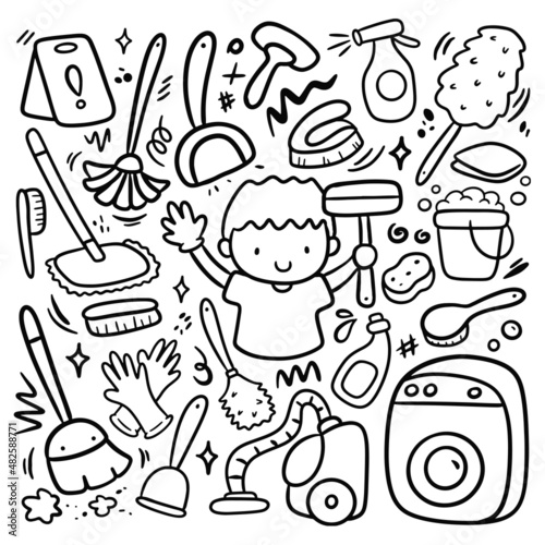 Kid Doing Chores with Cleaning Equipment in Kawaii Doodle Style Vector Clip Art