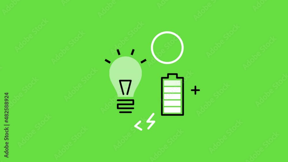 4k video of cartoon light bulb and charging battery icons on green background. 4k video of cartoon light bulb and charging battery icons on green background.