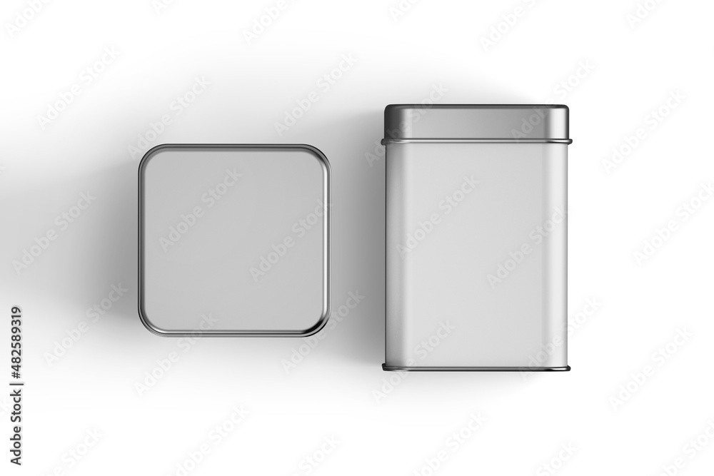 Blank white square tin box food container for packaging design mockup  isolated on white background. Top and front view. 3d rendering. Stock  Illustration | Adobe Stock
