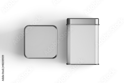 Blank white square tin box food container for packaging design mockup isolated on white background. Top and front view. 3d rendering.