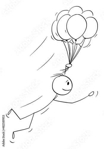 Person or Businessman Flying with Balloons, Vector Cartoon Stick Figure Illustration