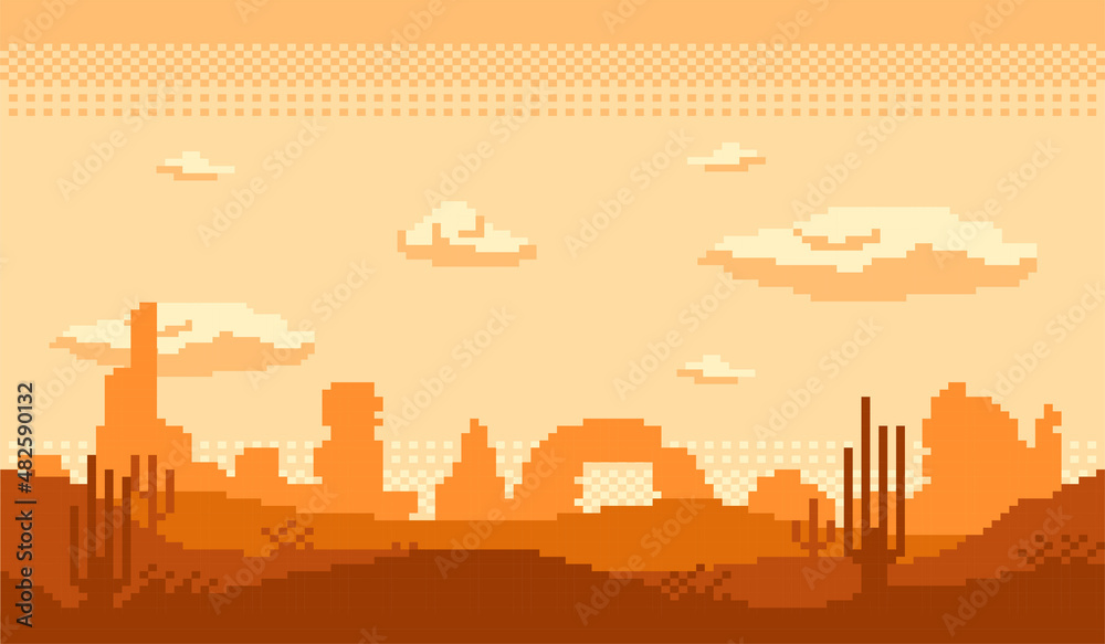 vector graphic illustration of pixel art desert atmosphere in the afternoon when the sun is going down and there is a shadow of a cactus tree