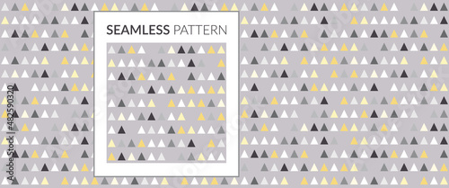 Motif répétitif sans couture, seamless, petits triangles gris et jaunes sur fond gris clair, géométrique et sobre, pour décoration textile,papier cadeau et impression papeterie