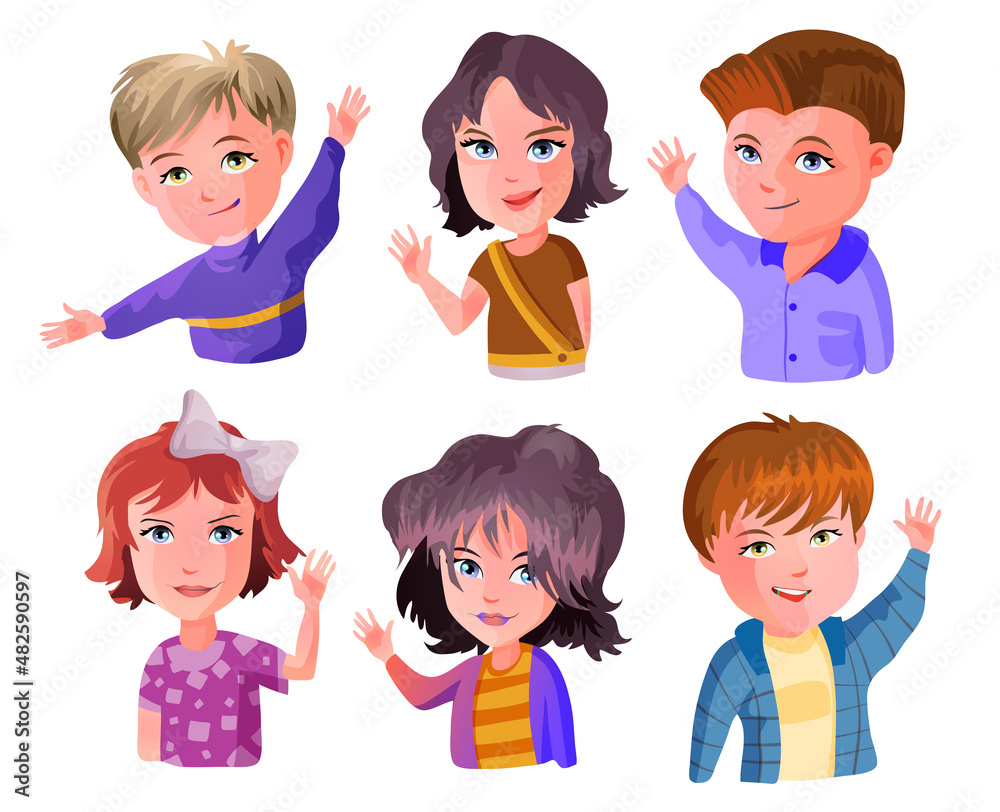 Cute kids waving hands vector illustrations set. Smiling little children in casual clothing greeting gesture. Cheerful elementary school students, kindergarten pupils cartoon characters hi Cute kids waving hands vector illustrations set. Smiling little children in casual clothing greeting gesture. Cheerful elementary school students, kindergarten pupils cartoon characters hi