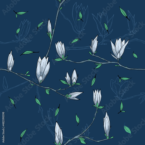 Seamless pattern with spring flowers and leaves.