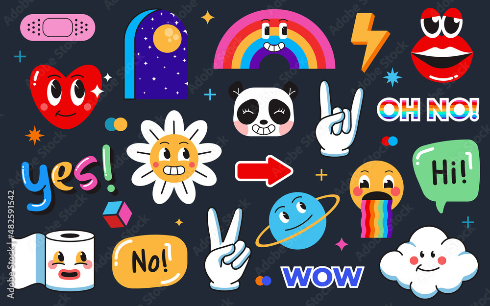 Fototapeta premium Set of Various Patches, pins, stamps or Stickers. Abstract funny cute comic Characters. Different Phrases and words. Hand drawn trendy cartoon style. Vector Illustration