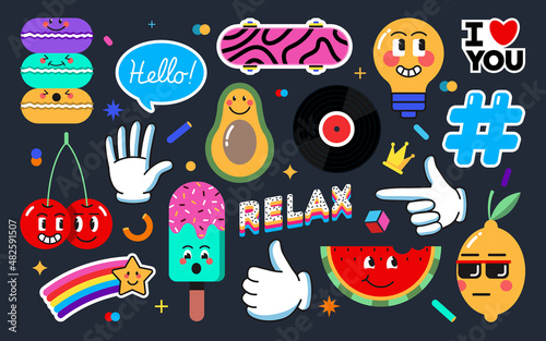Set of Various Patches, pins, stamps or Stickers. Abstract funny cute comic Characters. Different Phrases and words. Hand drawn trendy cartoon style. Vector Illustration