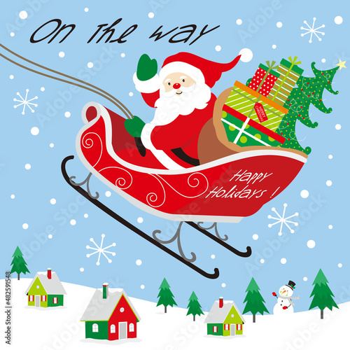 christmas card with santa claus and christmas tree on the sleigh