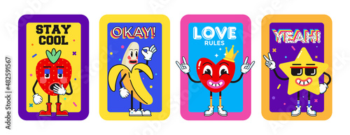 Funny cartoon characters. Sticker pack, posters, prints. Collection of Strawberry, Banana, Heart and Star. Set of comic elements in trendy retro cartoon style. Vector illustration