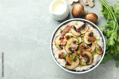 Concept of tasty food with risotto with mushrooms, space for text