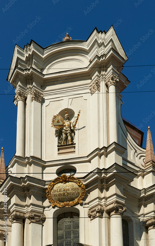 Baroque portal and pediment of the Church of the Holy Trinity in Munich