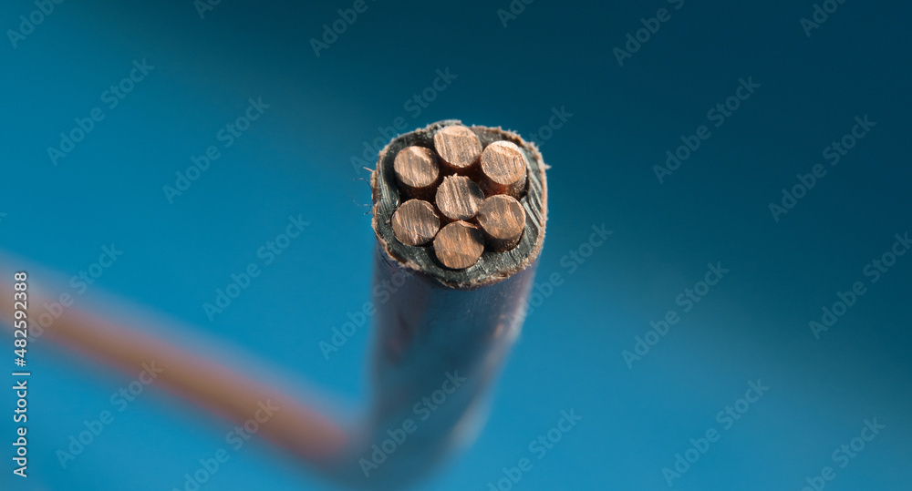 Cross-section of a copper cable close-up. Blue background, copy space. Cross-section of a copper cable close-up. Blue background, copy space.