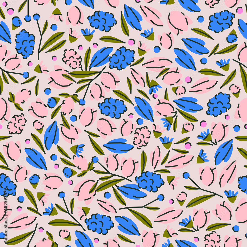Cute botanical seamless pattern with flowers and plants. Vector background, print, design Cute botanical seamless pattern with flowers and plants. Vector background, print, design