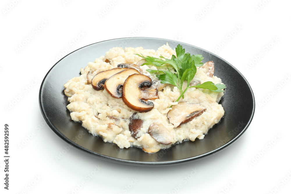 Risotto with mushrooms isolated on white background