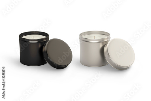 Blank Travel Tin Candle Jar Mock up template isolated on white background. 3d rendering.
