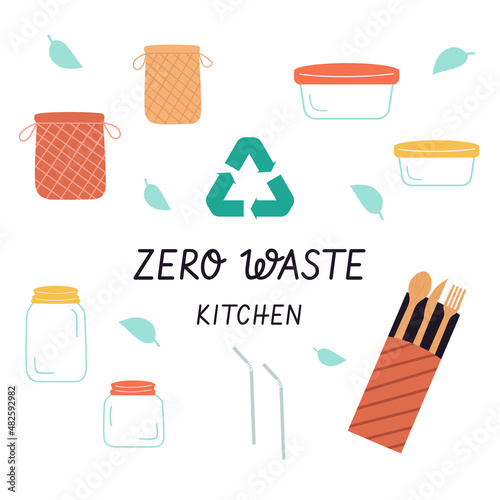 Collection of Zero Waste  kitchen items or products - glass jars, wooden cutlery, food containers. Flat vector cartoon illustration.