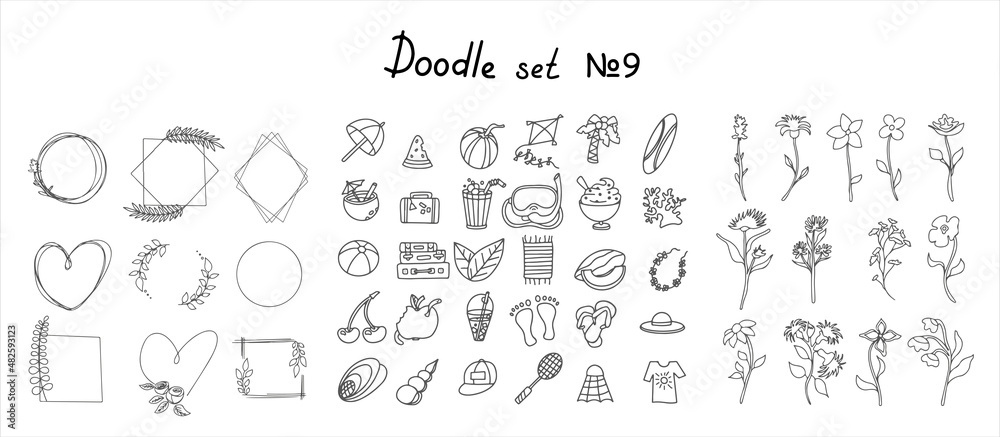 Floral and summer vector doodle design elements. Hand drawn decorative leaves and wreaths. Flower ornament dividers. Frames. Accessories for beach holidays by the sea. Set of drawn by hand icons