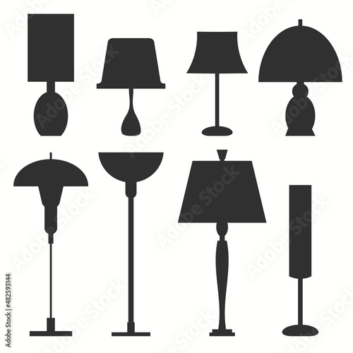 Set of different lamps. Black floor and table lighting equipment. Vector