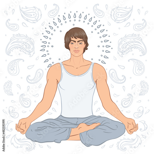 Beautiful Caucasian Man sitting in Lotus pose with ornate mandala on background. Vector illustration. Spa consent, yoga studio, or natural medicine clinic.