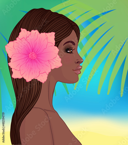 Portrait of beautiful African American woman in turban. Vector Illustration.